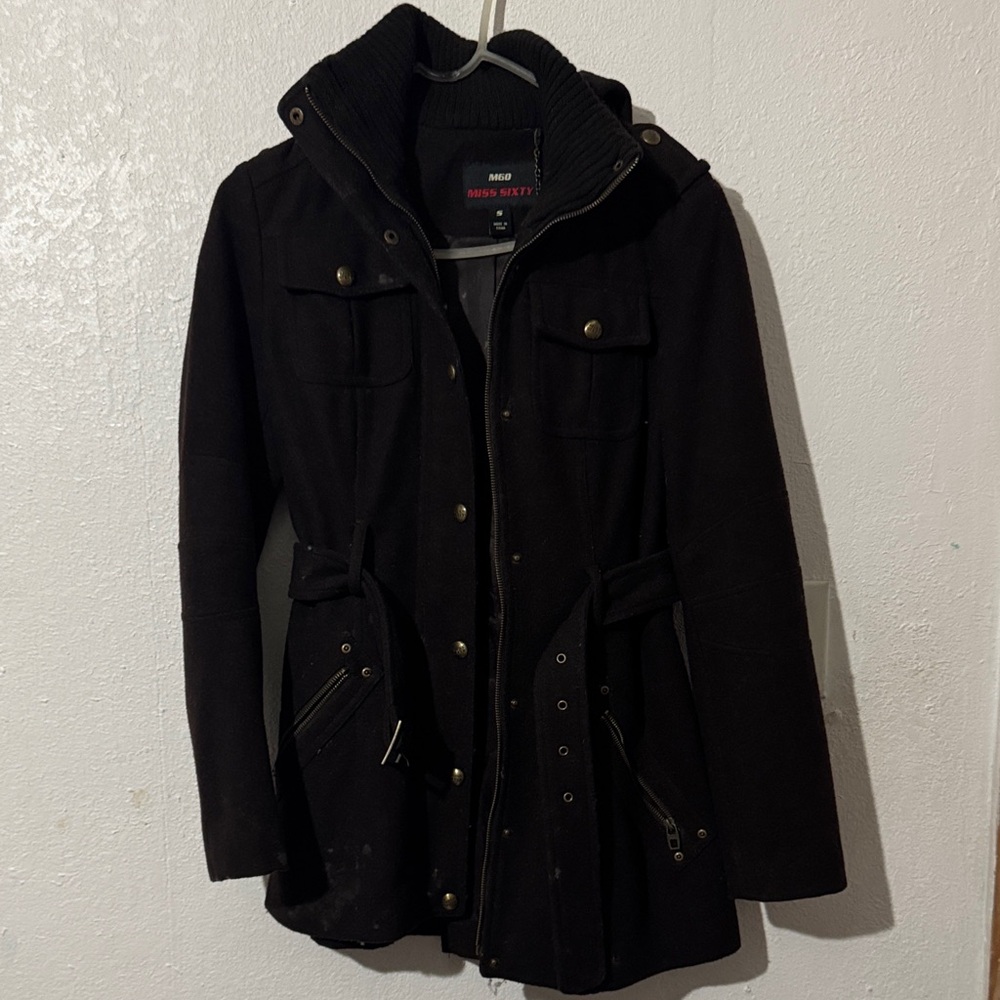 Miss Sixty Black Hooded Wool-Blend Trench Coat